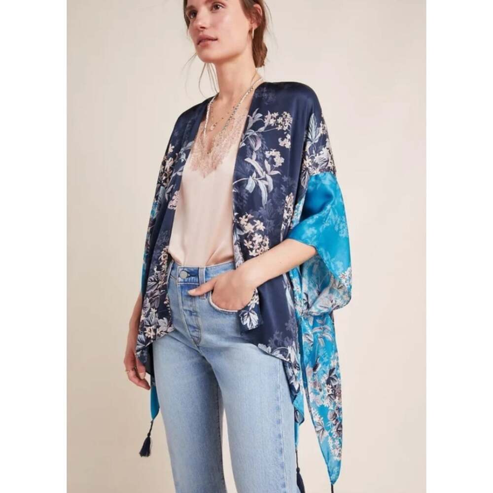 Anthropologie Kachel Jamie Silk Blend Blue Floral Tassel Kimono One Size $148